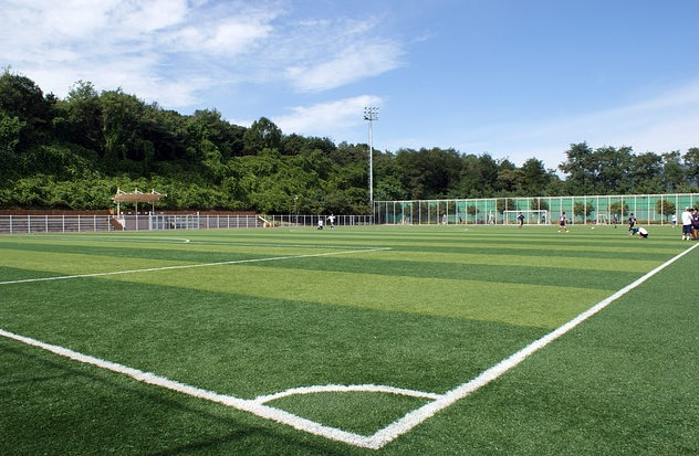 Bild 2: Fußballplatz von der rechten Ecke aus betrachtet mit Spielern und Tor im Bildhintergrund