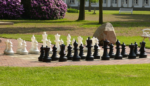 Bild 1: aufgebautes Schachspiel (links: weiße Figuren, rechts schwarze Figuren) in einem Park mit Bäumen und Sträuchern im Hintergrund
