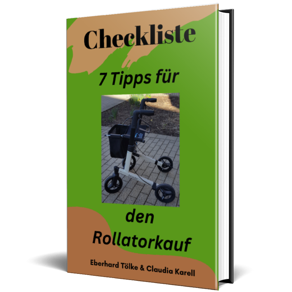 Bild 3: hellgrünes Buchcover mit Bild eines Rollators und der Aufschrift: Checkliste - 7 Tipps für den Rollatorkauf